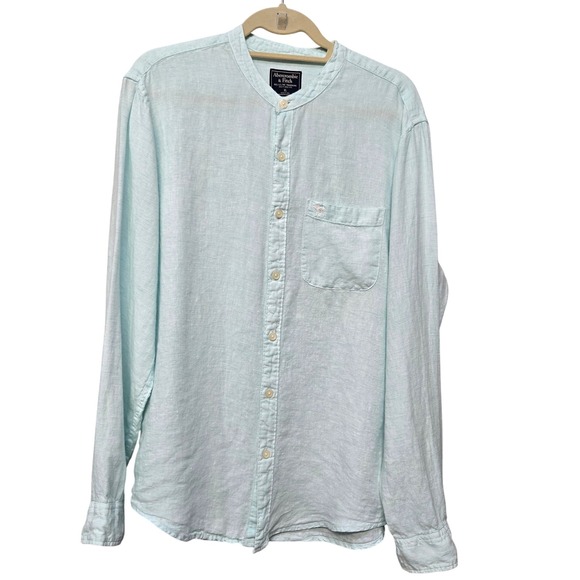 Abercrombie & Fitch 100%‎ Linen Button Down Shirt XL Green Pinstripe Beach Logo - Picture 1 of 6